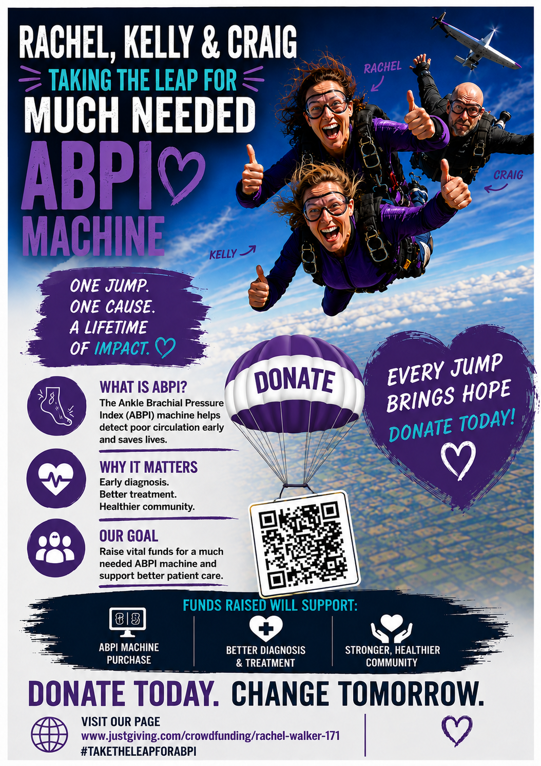 Rachel, Kelly, and Craig take the leap for ABPI machine. Poster promoting a fundraising skydive to raise money for an ABPI machine.